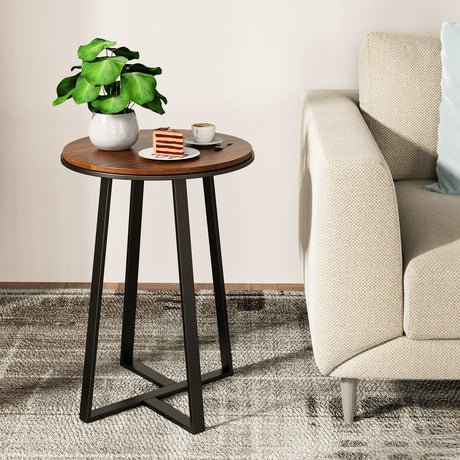 Round End Tables, Small Side Table Walnut Color MDF Top, Metal Frame Black