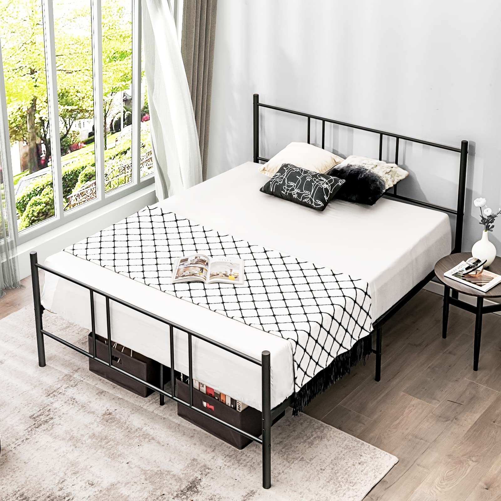 Size Platform Bed Frame, Reinforced Bed Base with High Headboard