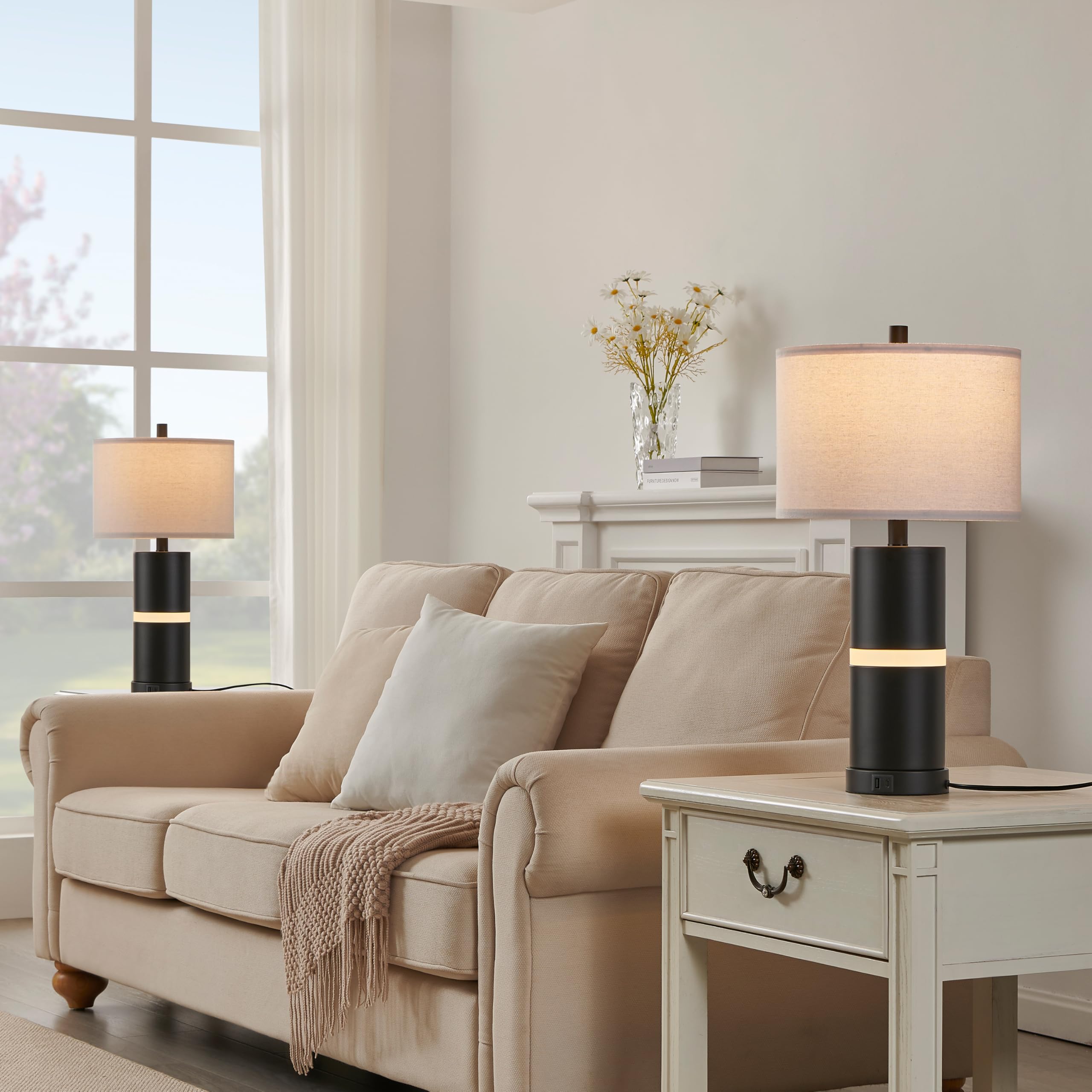 23.25" Black USB Table Lamp Set with Built-in Night Light (Set of 2)