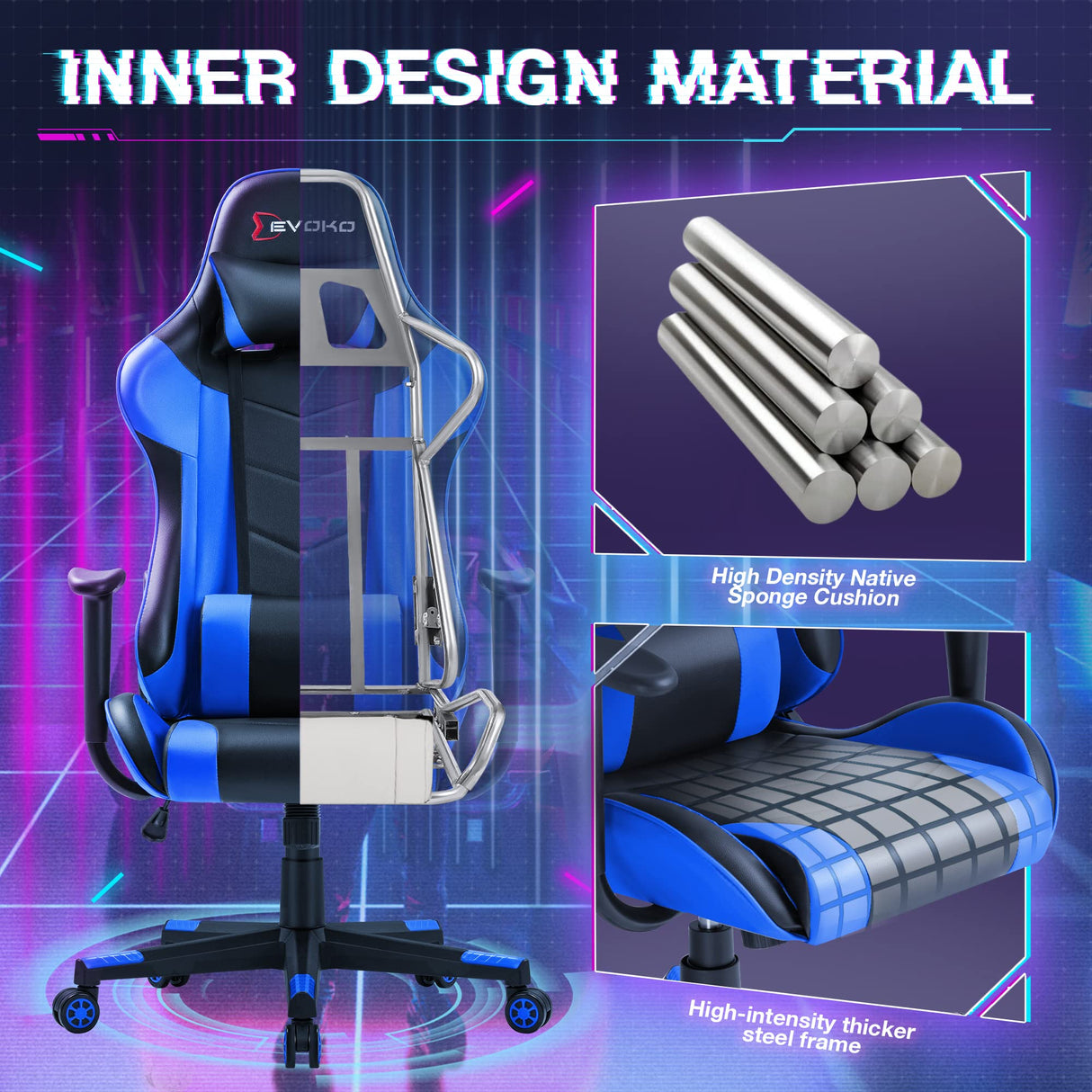 Ergonomic Gaming Chair with Lumbar Support - Blue Racing Style