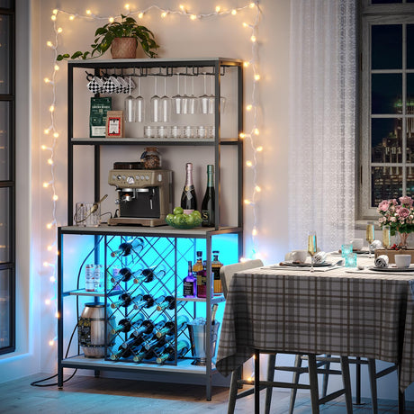 Wine Cabinet with Power Outlets & LED Lights, 5-Tier Industrial Wine Bar Cabinet