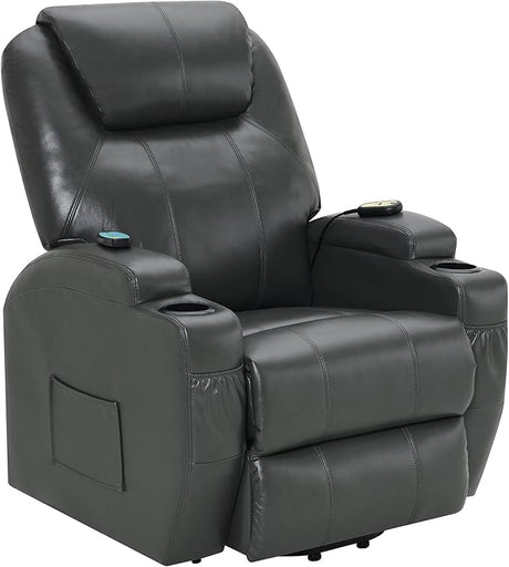 Benjara Sania Power Lift Recliner Chair, Gray Faux Leather, Cup Holders, Massage