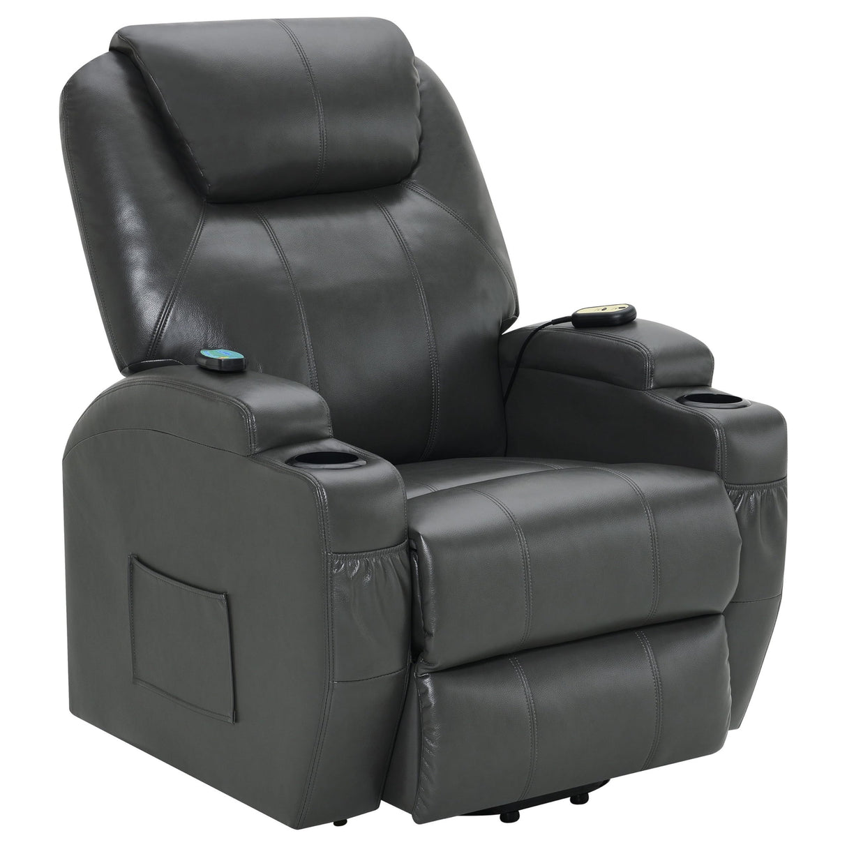 Benjara Sania Power Lift Recliner Chair, Gray Faux Leather, Cup Holders, Massage