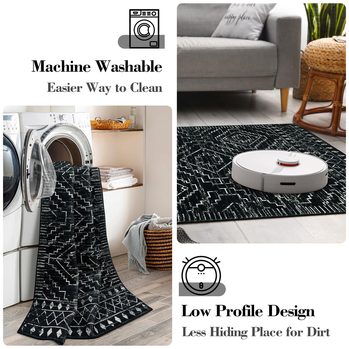 Moroccan Washable Rug 4x6, Black Boho Living Room Area Rug, Non-Slip Farmhouse Bedroom Carpet Dorm Room