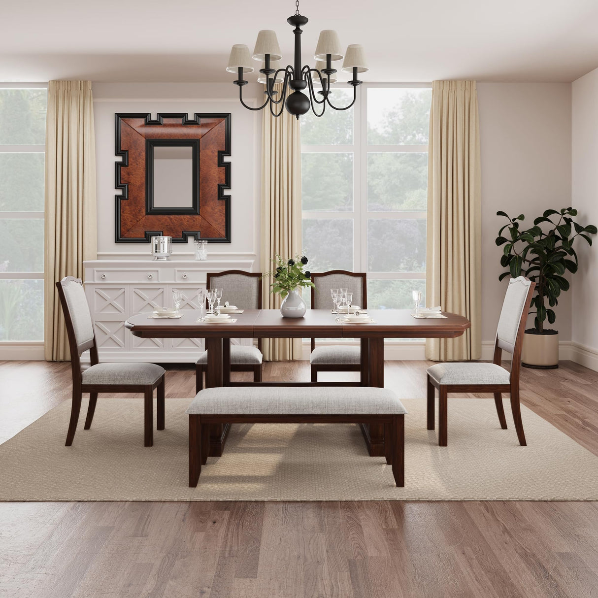 Harper & Bright Designs 6-Piece Dining Table Set for 6, 78inch Extendable Wood Rectangular Dining Table with Removable Leaf, Kitchen Table Set with 4 Upholstered Side Chair and Bench,Cherry