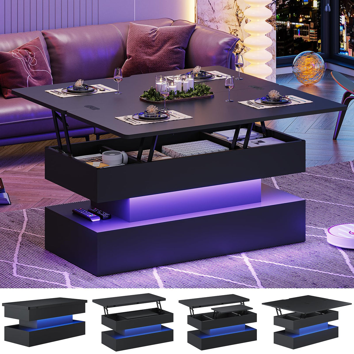 40" Lift Top Coffee Table, 4 in 1 Coffee Table with Storage & LED Light