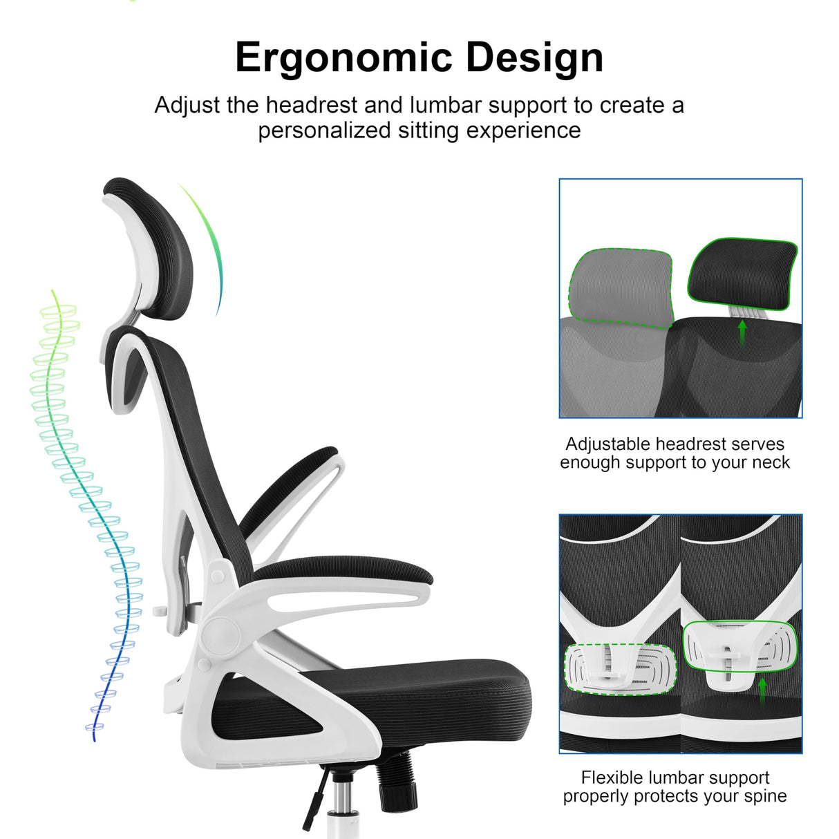 High Back Mesh Office Chair with 90° Flip-up Armrest