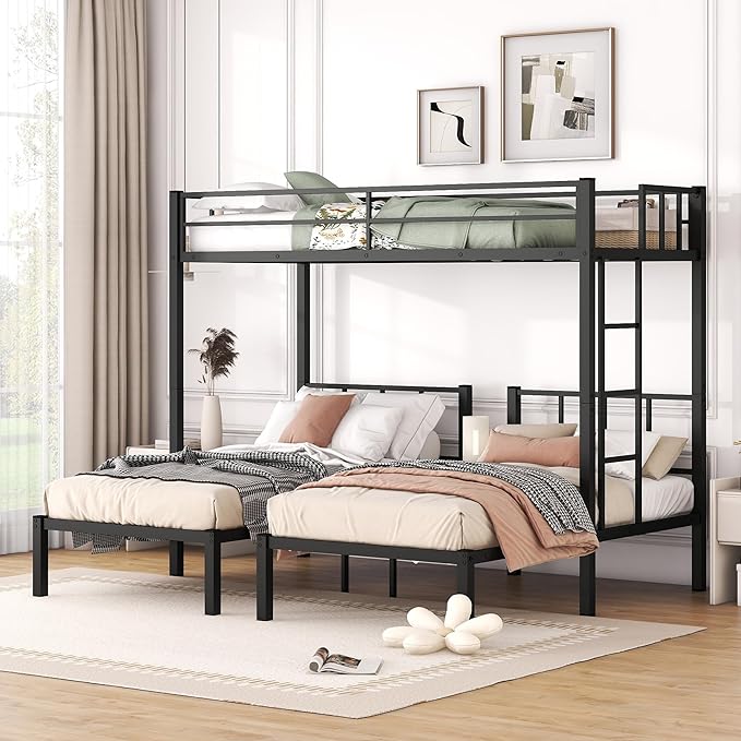 Heavy-Duty Triple Bunk Beds, L-Shaped Metal Bunk Bed