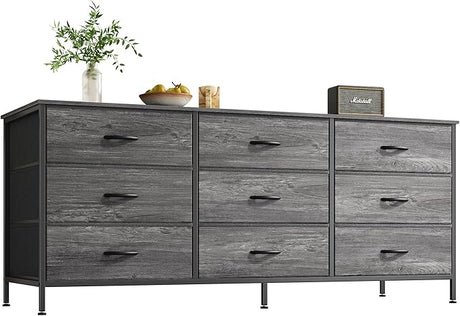 9 Drawer Dresser, 55 Inch Dresser TV Stand for 55, 60 Inch TV, Entertainment Center with Drawers, Large Storage Fabric Dresser for Bedroom, Closet, Rustic Brown