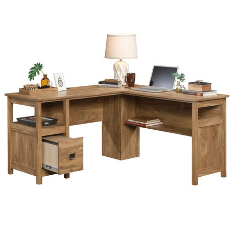 Cannery Bridge L-Shaped Office Desk with Storage Drawer and Self, in Sindoori Mango