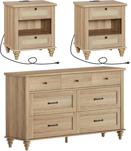 2 Piece Bedroom Set - Includes Farmhouse 7 Drawer Dresser for Bedroom, Rattan Night Stand with Charging Station & Shelf, 2 Piece Dresser and Nightstand Sets, Oak