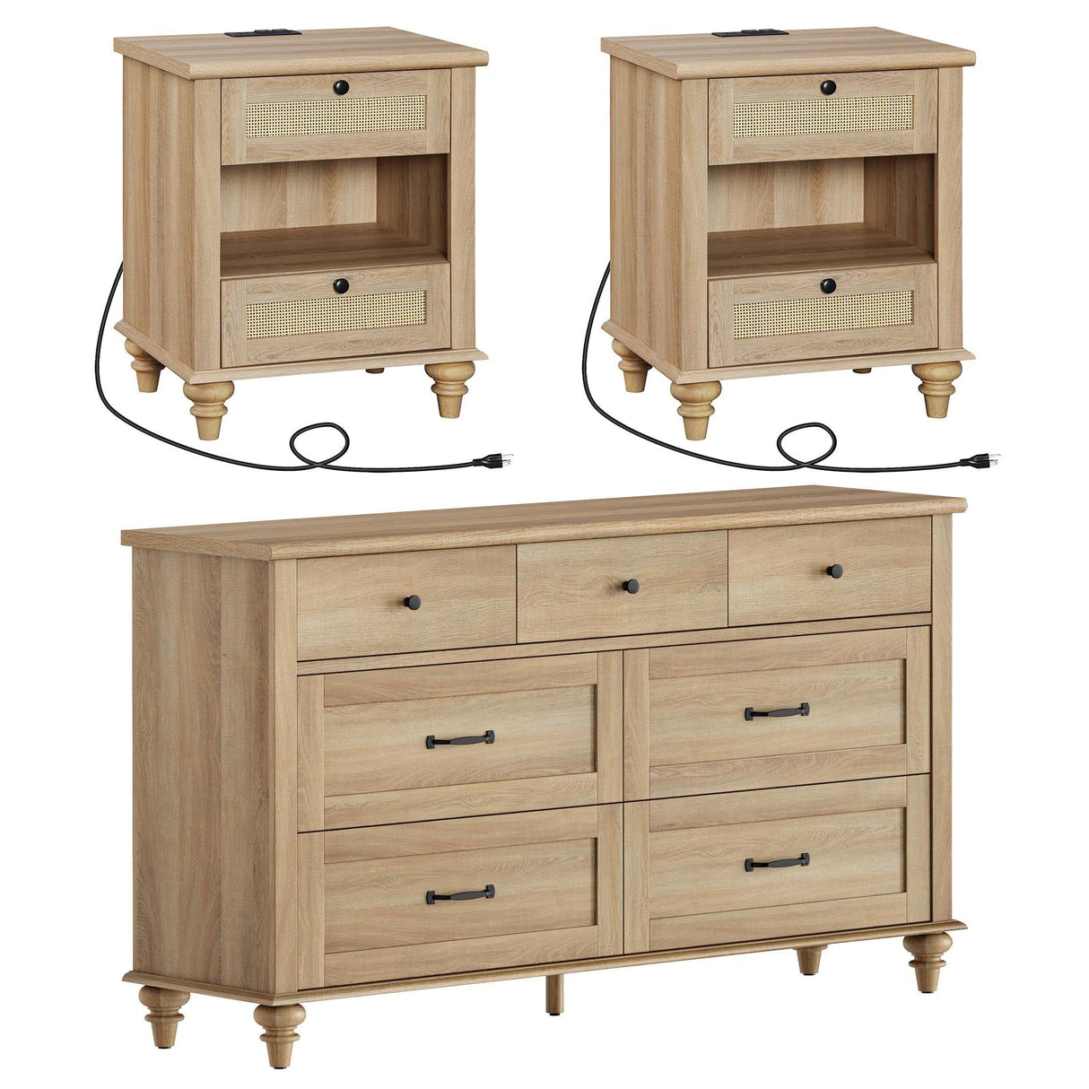 3 Piece Bedroom Set - Includes Bedroom 7 Drawer Dresser, Set of 2 Rattan Bedside