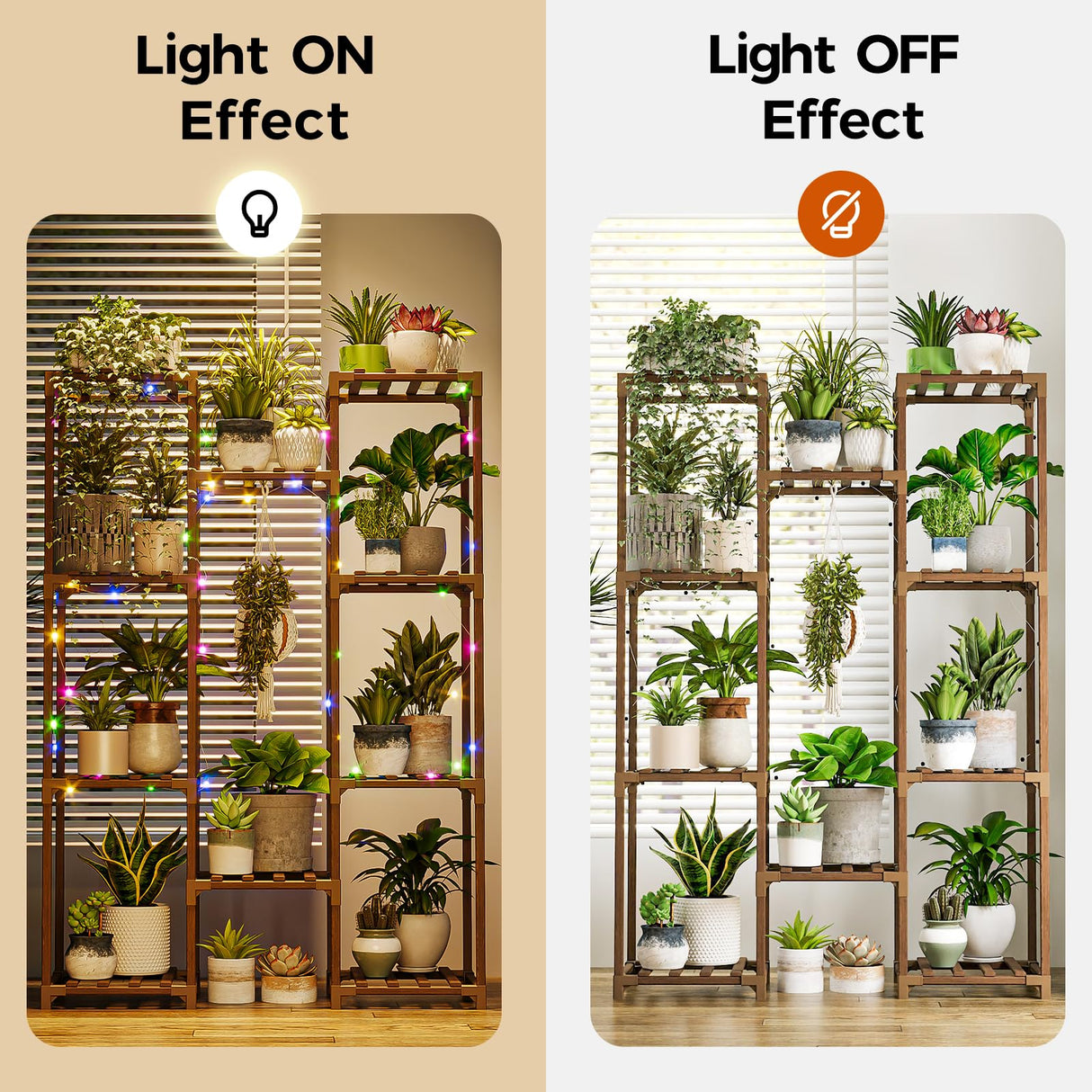 Bamworld Indoor Plant Stand with Fairy Light Hanging Plants Shelf for Multiple Plants Pots Tall Large Flower Holder for Living Room Patio, Balcony Garden