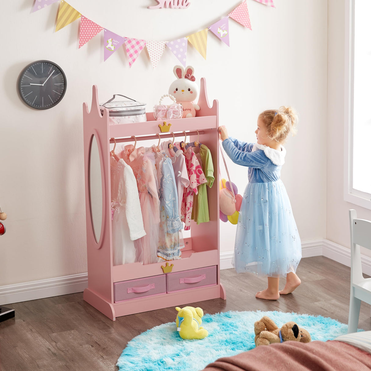 Kids Dress Up Storage with Mirror, Kids Armoire with Non-Woven Drawers