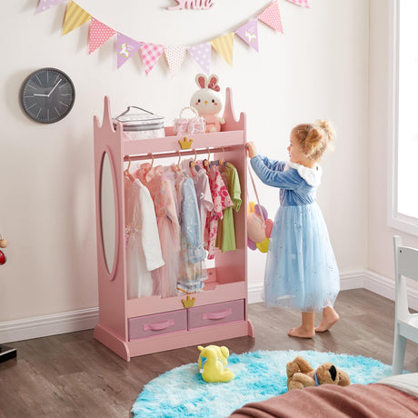 Kids Dress Up Storage with Mirror, Kids Armoire with Non-Woven Drawers