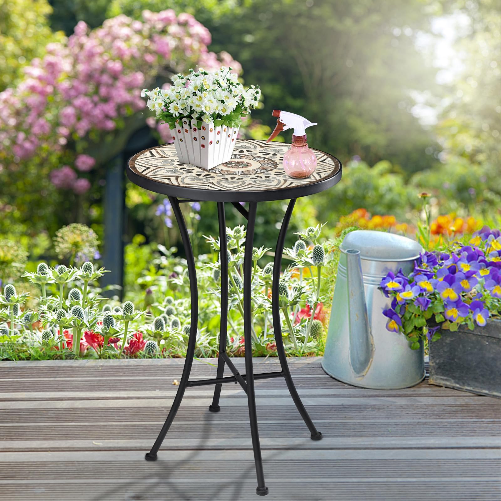 Mosaic Outdoor Side Table, 14" Round Folding Plant Stand for Patio Garden Backyard