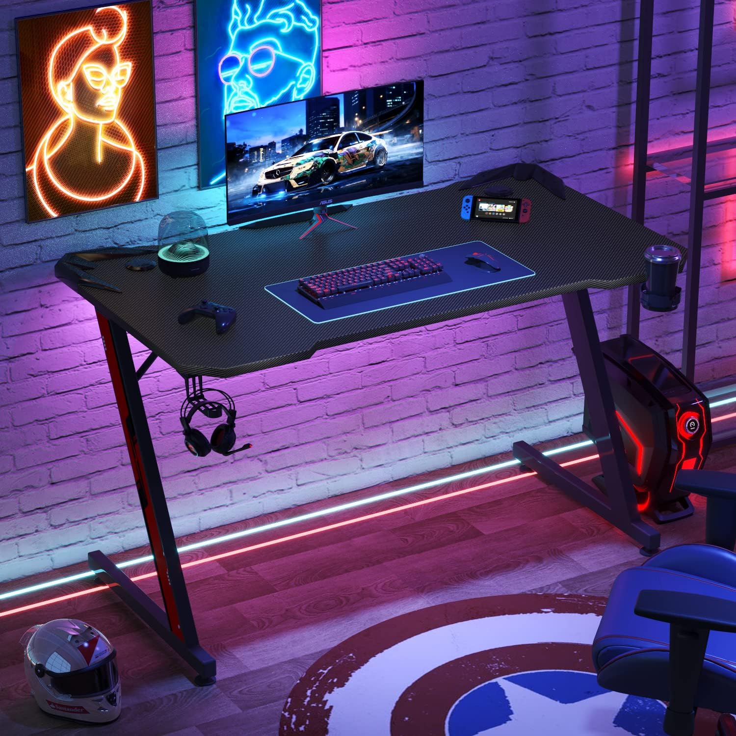 Gaming Desk 44 Inch Z Shaped Carbon Fiber Surface Desktop Computer Table with Cup Holder & Headphone Hook, Black