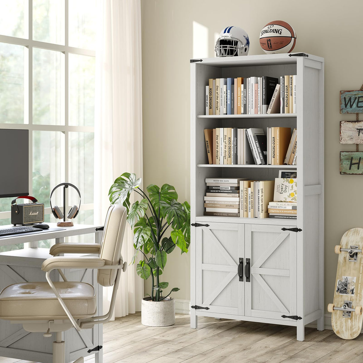 Farmhouse Bookcase and Bookshelf with Doors, 5-Shelf Bookcase Adjustable