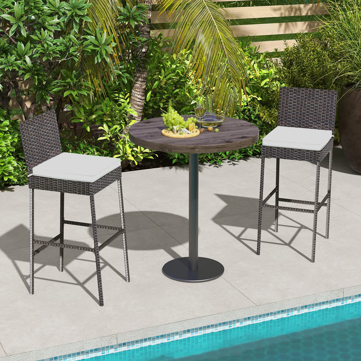 Set of 2 Patio Wicker Barstools, Outdoor Bar Height Chair w/Soft Seat Cushion