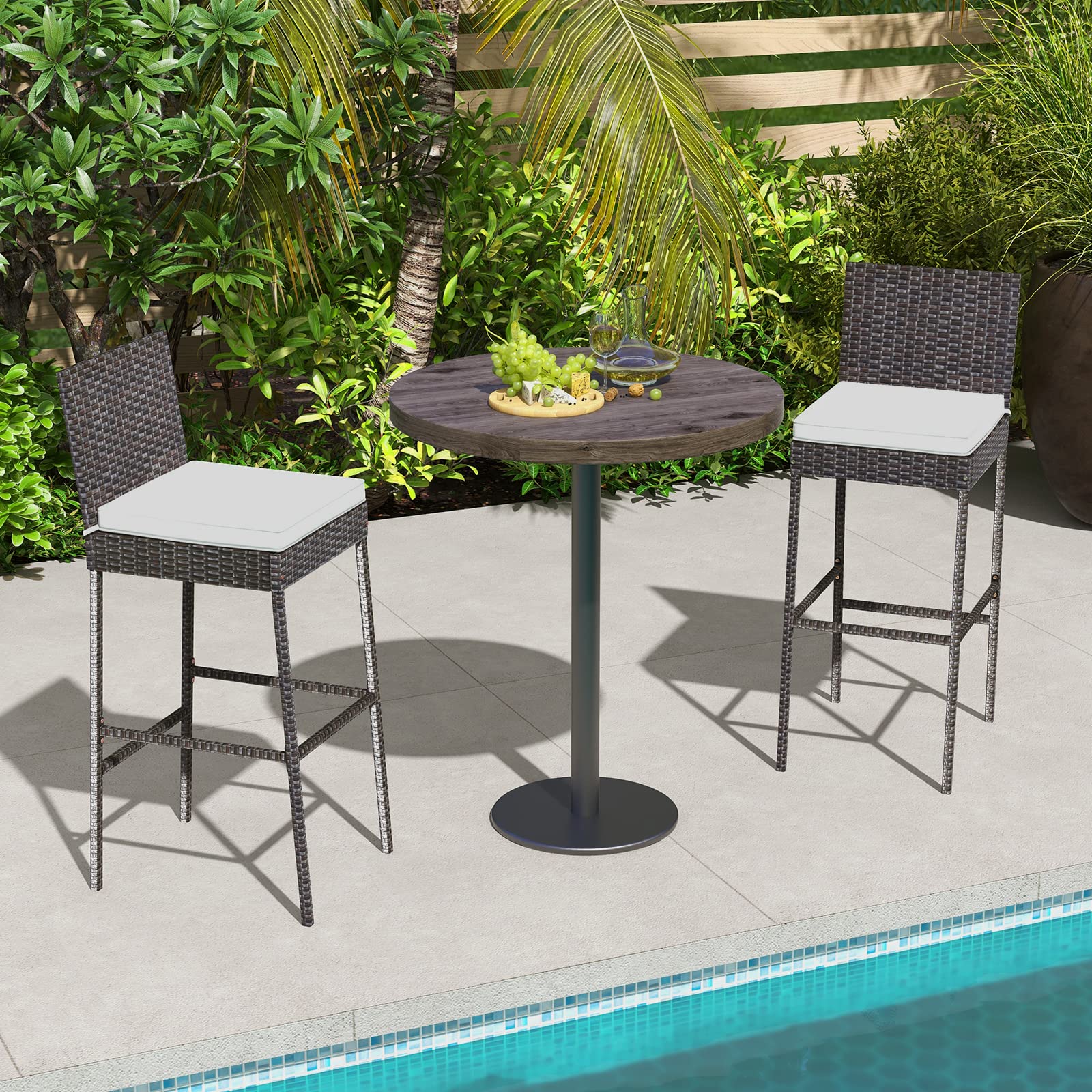 Outdoor Bar Stools Set of 2 - Wicker Rattan Patio Barstools Tall Chairs w/Back, Footrest