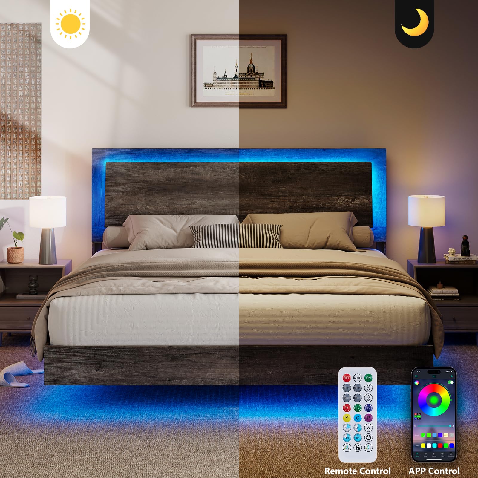 King Size Floating Platform Bed Frame with LED Light and Headboard
