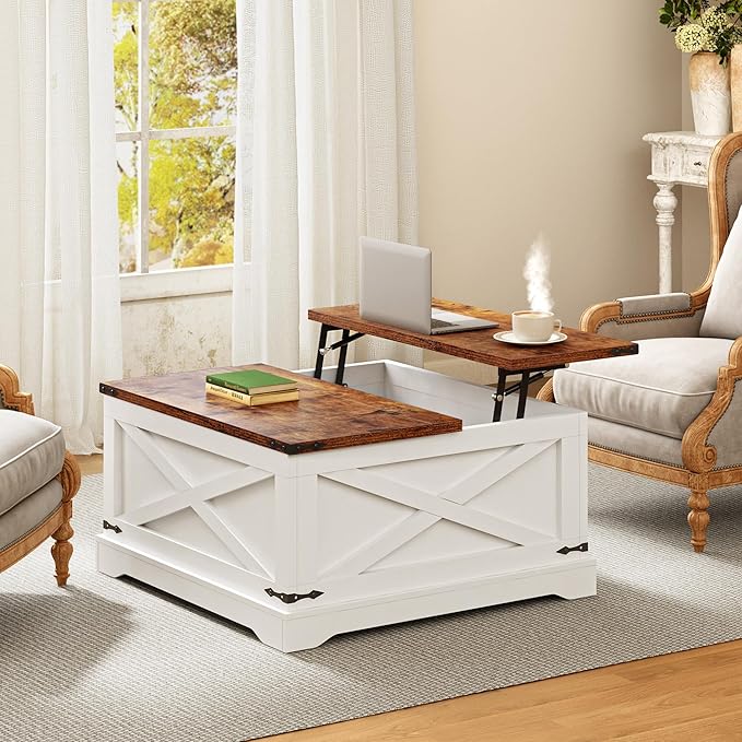 Coffee Table Lift Top with Power Outlets and Storage, 31.5'' Farmhouse Coffee Table