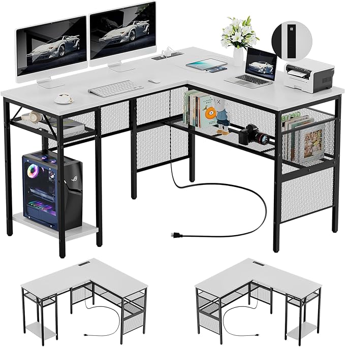 L Shaped Gaming Desk, Large Corner Computer Desk with Power Outlets and USB Ports, Sturdy Home Office Table with Storage Shelf, Attractive Grid Design Writing Desk, Black Oak