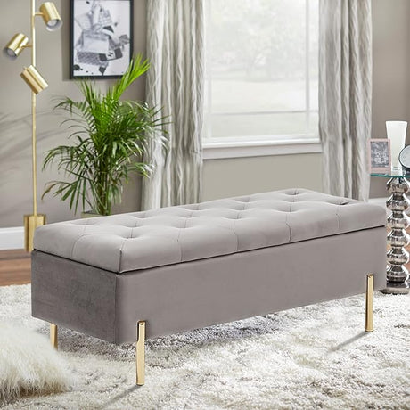 Velvet Storage Bench Bedroom End of Bed Upholstered Tufted Settee Bench for Living Room Entryway Rectangular Storage Ottoman Bench Ivory