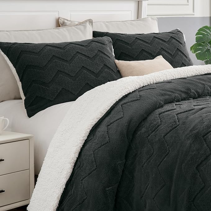 Fluffy Queen Comforter Set - Super Soft Sherpa Grey Comforter for Queen Size Bed