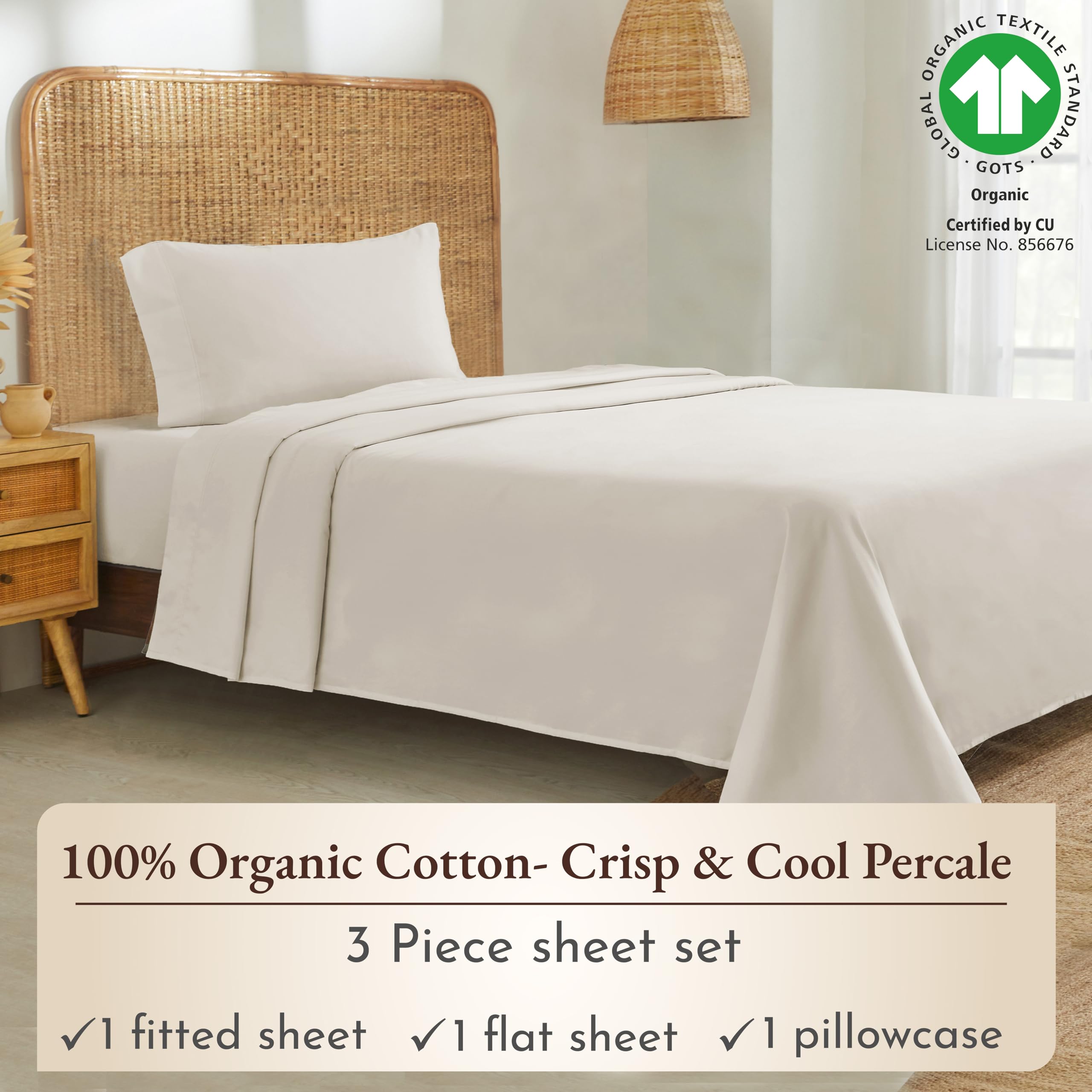 California Design Den 100% Organic Cotton Bed Sheets Twin, Deep Pocket Percale Sheets, GOTS Certified Twin Sheets Set - Soft, Crisp & Cooling Sheets, 3 Piece Twin Bed Sheets, Ivory Sheets