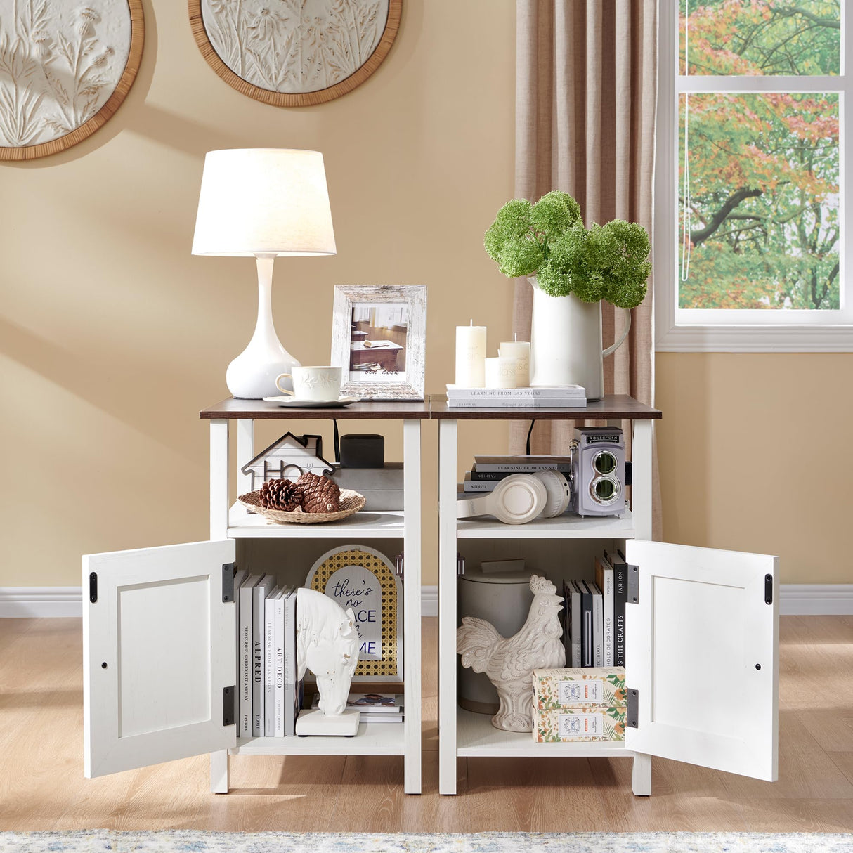 Farmhouse Nightstand Set of 2, End Table with Charging Station