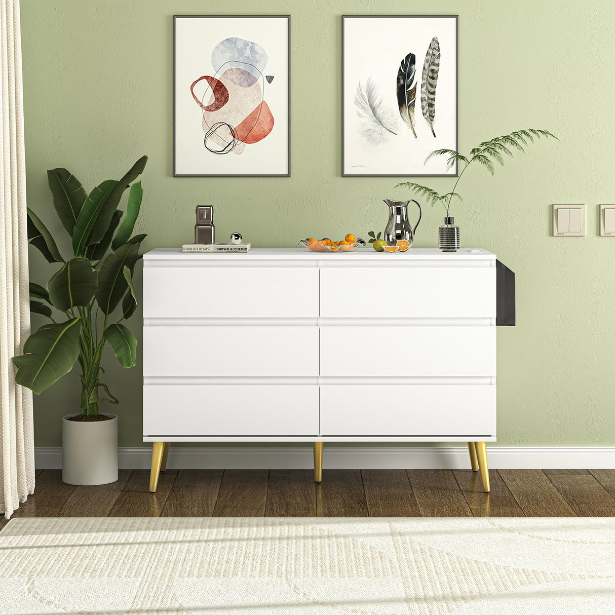 White Dresser with 6 Drawers, Modern Chest with Charging Station, Clothing Organizer