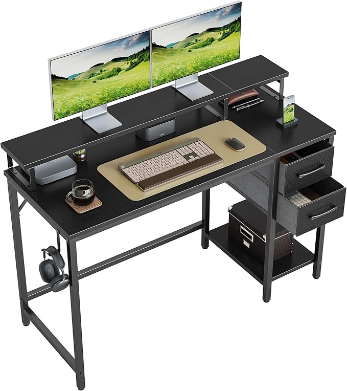 Computer Desk with Keyboard Tray, 47 Inch Office Desk with Monitor Stand and Storage Shelves, Music Studio Desk Workstation, Work Table for Home Office, Rustic Brown