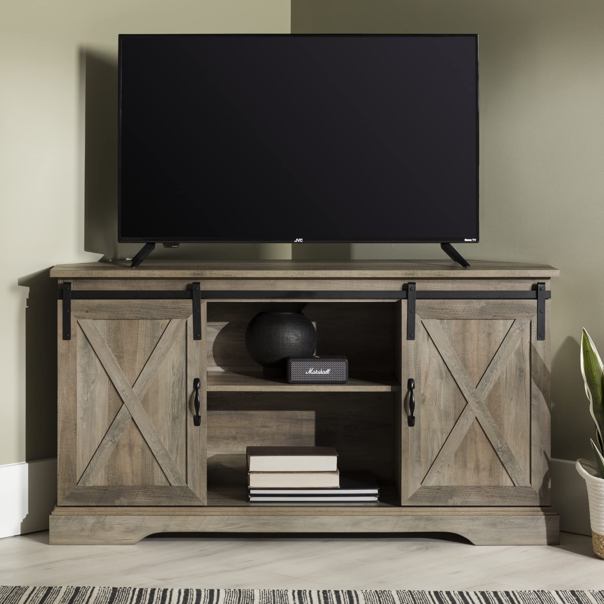 Everette Modern Farmhouse Double Sliding X Barn Door Stand for TVs up to 58 Inches,