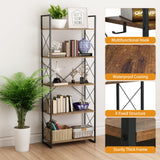 Bookshelf 5 Tier Tall Bookcase Shelf, Book Case Wood Industrial Rustic Standing Bookshelves with Storage Hooks Modern Wide Metal Ironck Book Cases Open Shelves for Bedroom Living Room Office CDs Brown