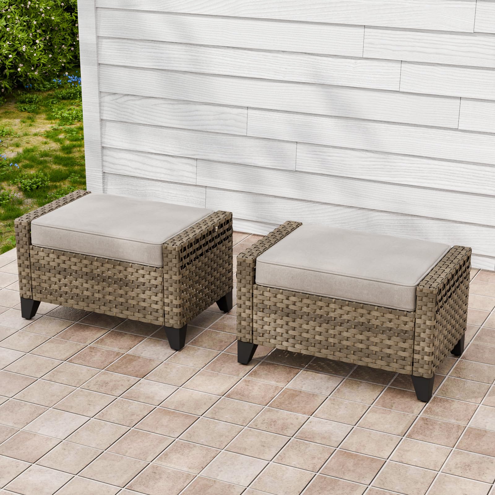 2 Pieces Modern Outdoor Wicker Patio Footstools