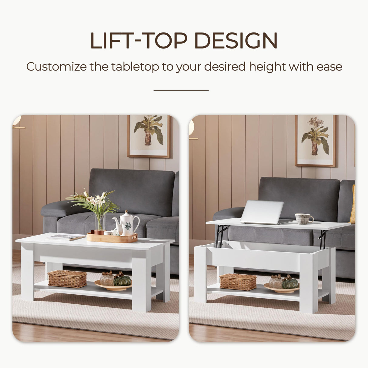 Lift Top Coffee Table w/Hidden Storage Compartment and Storage Shelf - Lift Tabletop