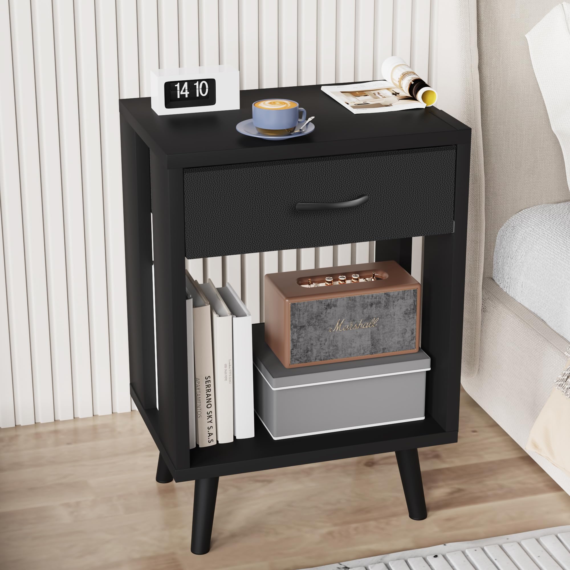 Nightstands Set of 2 with Fabric Storage Drawer and Open Wood Shelf, Side Table