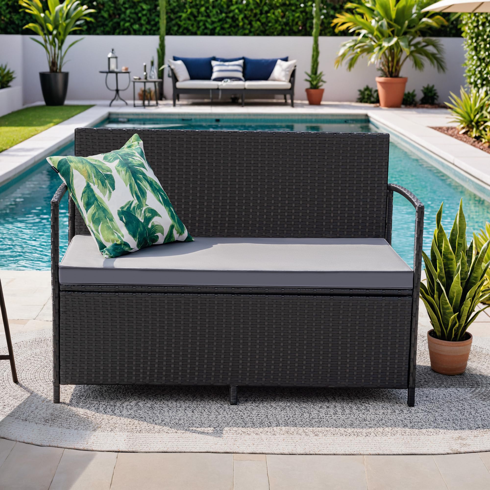 Patio Loveseat PE Rattan Wicker Outdoor Furniture with Soft Cushions & Built-in Storage