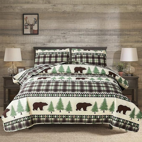 Rustic Bear Quilts Set Full/Queen Size, Red Black Plaid Patchwork Bedding Lightweight