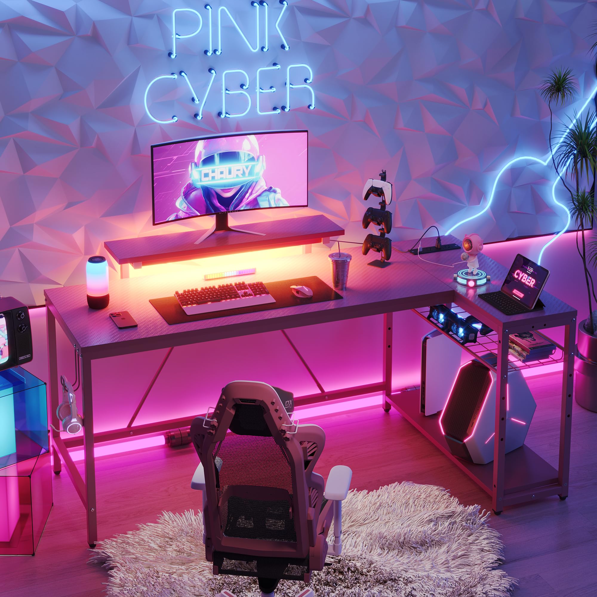 L Shaped Gaming Desk with Power Outlets,58 LED Small Corner Desk with Reversible Storage Shelves
