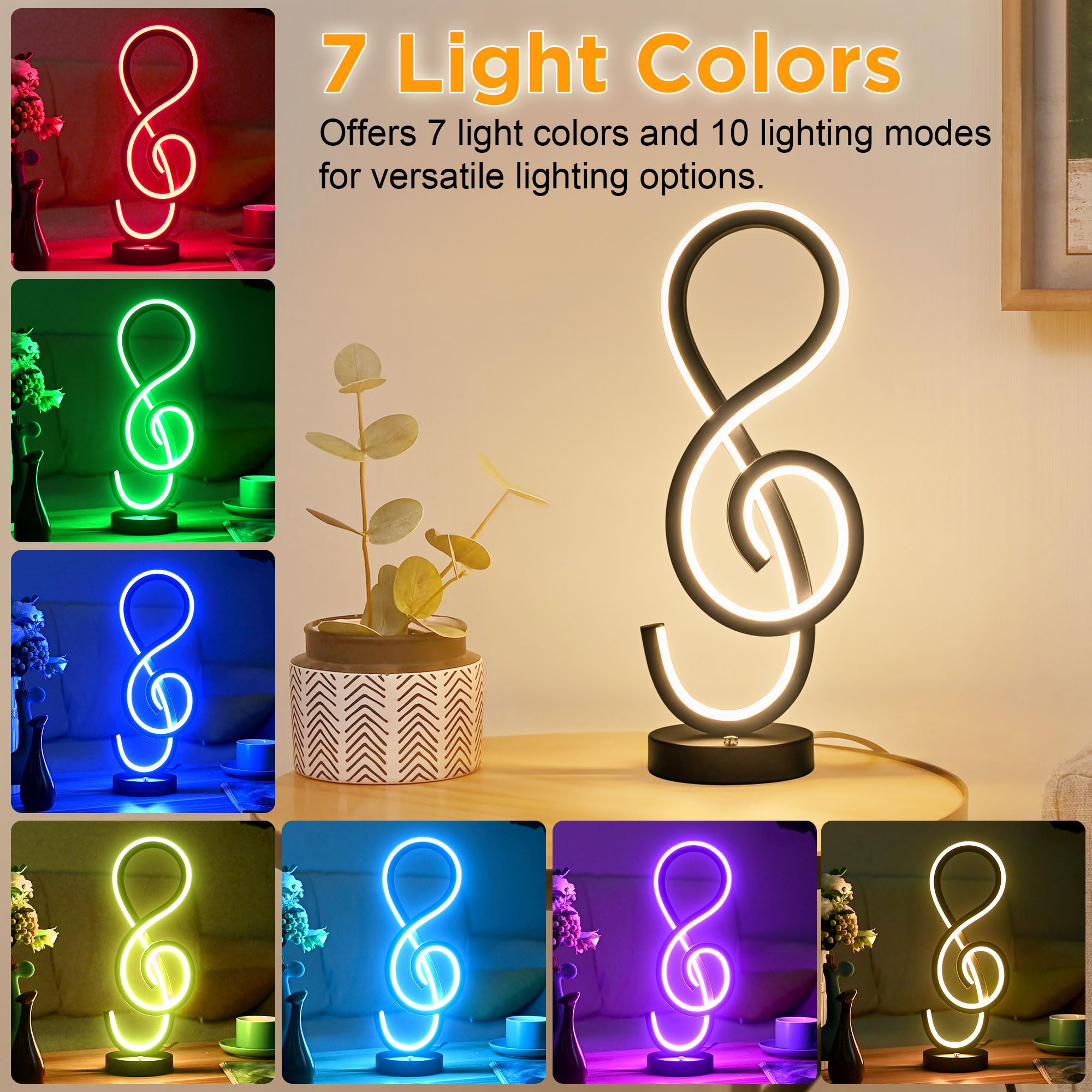 RGB Modern Table Lamp, LED Spiral Lamp with Music Note Design, Black Bedside Lamp