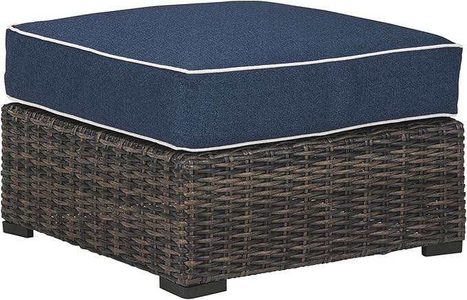 Grasson Lane Outdoor Patio Wicker Sofa with Cushion and 2 Pillows, Brown & Blue