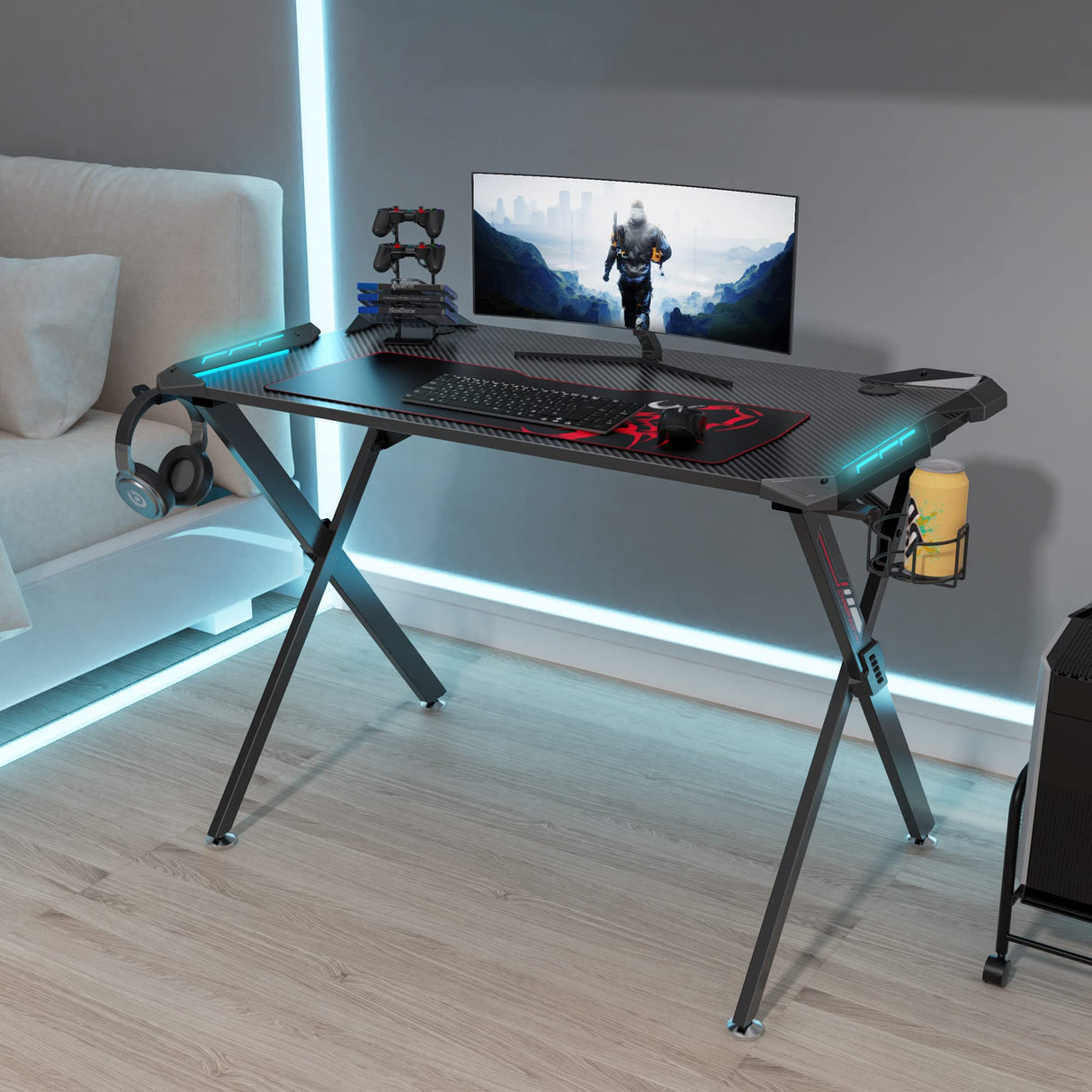 Gaming Desk with RGB LED Lights, 45 Inch Gamer Desk PC Gaming Computer Desk