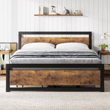 GarveeHome Queen Size Bed Frame, Industrial Queen Bed Platform with Headboard No Box Spring Needed, 14 Inch Easy Assemble Queen Mattress Bedframe, Retro Brown