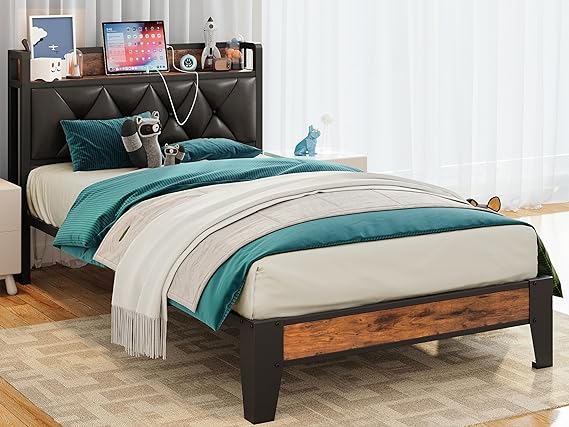 Queen Bed Frame, Storage Headboard with Outlets