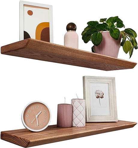 Floating Shelves Set of 2, Ash Wood Hanging Shelf with Invisible Brackets for Bathroom