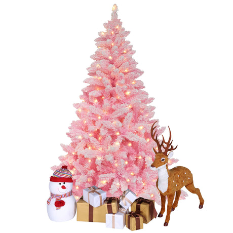 6FT Artificial Christmas Tree Prelit, Flocked Pink Christmas Tree with 250 LED Lights