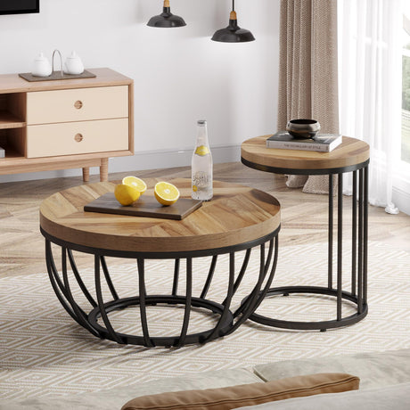 Round Coffee Table, 2 Pieces Nesting Tables with Metal Frame & Wooden Desktop