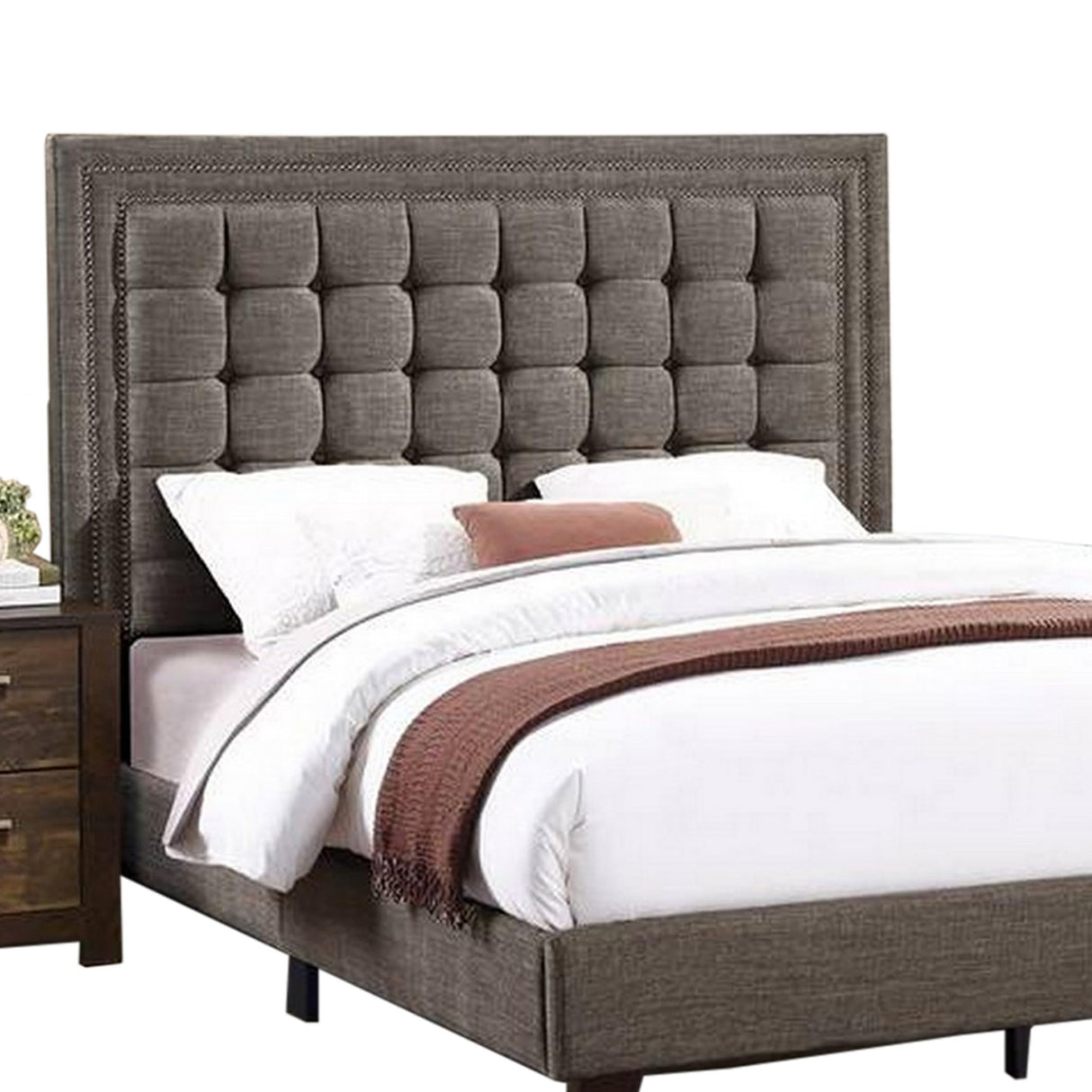 Benjara Zofi Modern Queen Size Bed, Deep Square Tufted Upholstery, Taupe Polyester, Brown